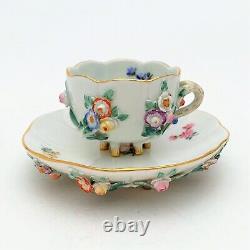 1815-1924 Meissen Porcelain Footed Demitasse Cup & Saucer with Applied Flowers