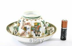 18C Chinese Famille Rose Verte Porcelain Tea Cup & Saucer Figure Figurine