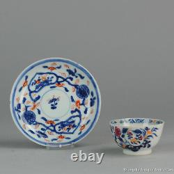 18C Chinese Porcelain Imari Cup & Saucer Flowers Red Blue White