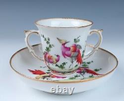 18th C. Chelsea Porcelain Chocolate Cup & Saucer Antique English Exotic Birds