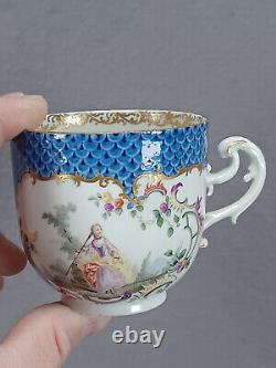 18th Century Meissen Hand Painted Watteau Scenes Blue & Gold Cup & Saucer