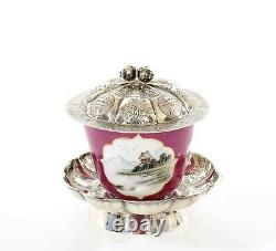 1930's Chinese Famille Rose Porcelain Tea Cup & Solid Silver Saucer Dish Lid