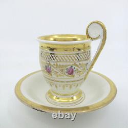19c OLD PARIS Porcelain Cup & Saucer Empire Style Gilt Roses Hand Painted Vieux