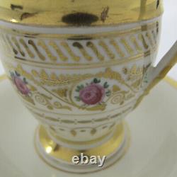 19c OLD PARIS Porcelain Cup & Saucer Empire Style Gilt Roses Hand Painted Vieux