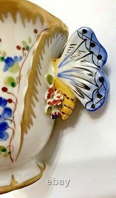 19th C SEVRES Porcelain Blue Butterfly Handle Teacup & Saucer Buff Gold Trimmed