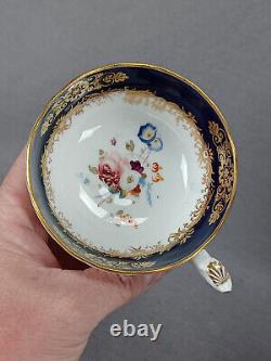 19th Century British Hand Painted Floral Cobalt & Gold Tea Cup & Saucer A