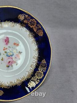 19th Century British Hand Painted Floral Cobalt & Gold Tea Cup & Saucer A