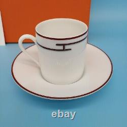2 HERMES PARIS Rythme Demitasse/Tea Cup & Saucer Porcelain Red Stripe No Box Top