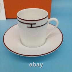 2 HERMES PARIS Rythme Demitasse/Tea Cup & Saucer Porcelain Red Stripe No Box Top