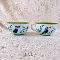 2 Sets x Authentic HERMES Tea Cup & Saucer French Porcelain Toucans w/SMALL CHIP