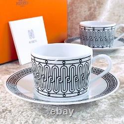 2 Sets x Authentic HERMES Tea Cup Saucer H Deco French Porcelain Tableware wCase