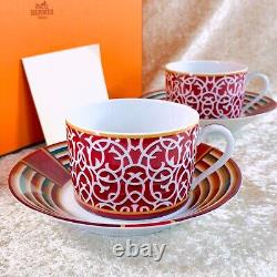 2 Sets x HERMES Paris Tea Cup & Saucer Porcelain Tableware Attelage with Case