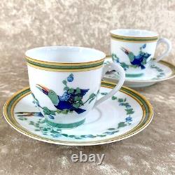 2 x Authentic HERMES Coffee Cup & Saucer French Porcelain Toucans Bird Tableware