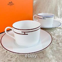 2 x HERMES PARIS Tea Cup & Saucer Porcelain Rythme RHYTHM RED & BLUE with Case