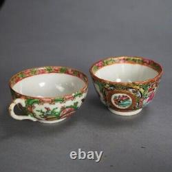 21 Antique Chinese Rose Medallion Porcelain Tea Cups & 20 Saucers C1900