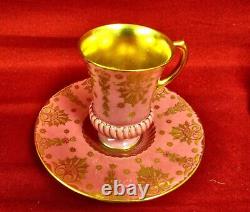 3 English Coalport Footed Enameled and Gilt Decorated Cups and Saucers As is