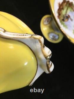 (3 Piece) Old Paris Porcelain Yellow (2) TAZZA & SAUCE BOAT/Small TUREEN withBirds