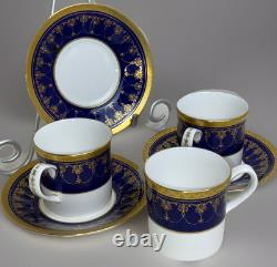 3 Royal Worcester Imperial Demitasse Cups & Saucers 22 K Raised Gold Cobalt Blue