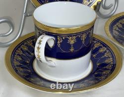 3 Royal Worcester Imperial Demitasse Cups & Saucers 22 K Raised Gold Cobalt Blue