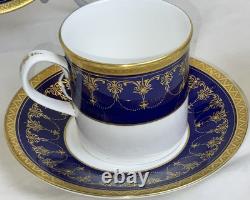 3 Royal Worcester Imperial Demitasse Cups & Saucers 22 K Raised Gold Cobalt Blue