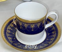 3 Royal Worcester Imperial Demitasse Cups & Saucers 22 K Raised Gold Cobalt Blue