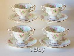 (4) Antique French Limoges Porcelain Drop Rose Footed Bouillon Cups And Saucers
