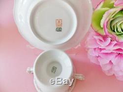 (4) Antique French Limoges Porcelain Drop Rose Footed Bouillon Cups And Saucers