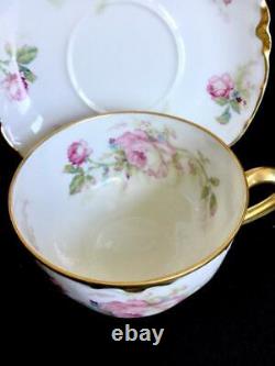 4 HAVILAND LIMOGES 257C SCHLEIGER PINK ROSES TEA COFFEE FLAT CUP and SAUCER