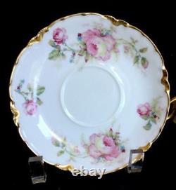 4 HAVILAND LIMOGES 257C SCHLEIGER PINK ROSES TEA COFFEE FLAT CUP and SAUCER