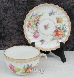 (4) Hermann Ohme Handpainted Dresden Flowers German Porcelain Tea Cups & Saucers
