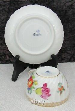 (4) Hermann Ohme Handpainted Dresden Flowers German Porcelain Tea Cups & Saucers