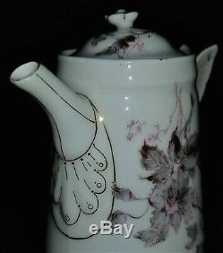 4 pc porcelain set, Haviland, Limoges, France, teapot, cup saucer, butterfly
