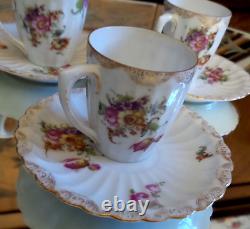 5 Antique German Handpained Flowers Porcelain Dematasse Cups & Saucers
