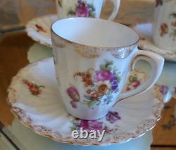 5 Antique German Handpained Flowers Porcelain Dematasse Cups & Saucers