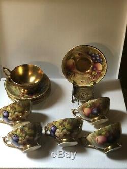 6 Gold Gilt Signed N. Brunt D Jones Fruit Painted Aynsley Tea Cup and Saucer Set