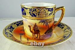 6 Vintage Noritake Art Deco Porcelain Camel Scene Cup & Saucer Sets Cobalt Gold