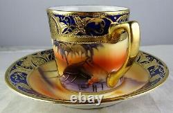 6 Vintage Noritake Art Deco Porcelain Camel Scene Cup & Saucer Sets Cobalt Gold