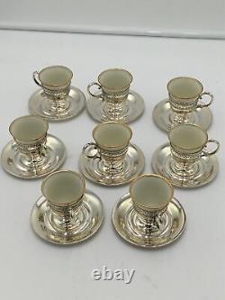 8 Antique Sterling Silver Lenox Articulated Ornate Porcelain Cups & Saucers