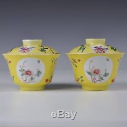 A Pair Of Yellow Chinese Porcelain Famille Rose Covered Cup & Saucers Ca 1920
