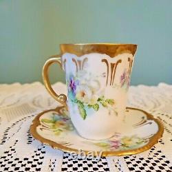 ANTIQUE LIMOGES CORONET CHOCOLATE/COFFEE/TEA SET Porcelain Pot with4 Cups Saucers