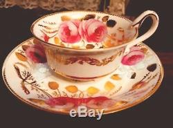 ANTIQUE SPODE COPELANDS 1800s HAND DECORATED ROSES GILDED TEA CUP & SAUCER 3886