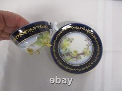 ANTIQUE W G & CO LIMOGES COBALT YELLOW ROSES TEA CUP & SAUCER w DRAGONFLY HANDLE