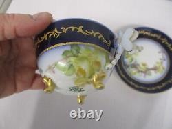 ANTIQUE W G & CO LIMOGES COBALT YELLOW ROSES TEA CUP & SAUCER w DRAGONFLY HANDLE