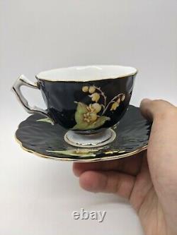 AYNSLEY Black Lily of the Valley Tea-Cup & Saucer Hand-Painted Vintage Porcelain