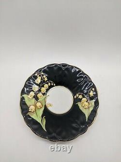 AYNSLEY Black Lily of the Valley Tea-Cup & Saucer Hand-Painted Vintage Porcelain