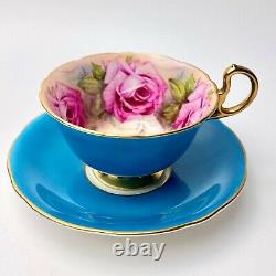 AYNSLEY England BLUE TEA CUP & SAUCER with 4 LARGE PINK CABBAGE ROSES