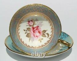 AYNSLEY English Bone China Porcelain Blue Cup & Saucer Pink ROSE Gold Gilt 2539