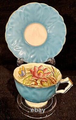 AYNSLEY RARE WATER LILY Teal Footed Porcelain Tea Cup And Saucer