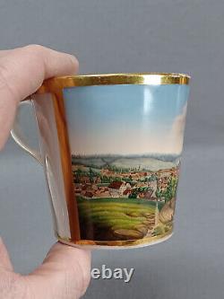 Ansbach Germany Hand Painted Topographical Scene & Gold Cup & Saucer C. 1800-1850