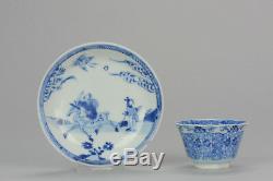 Antique 18C Chinese Porcelain Tea Bowl Cup Saucer Deer Egret Figure Blue & White
